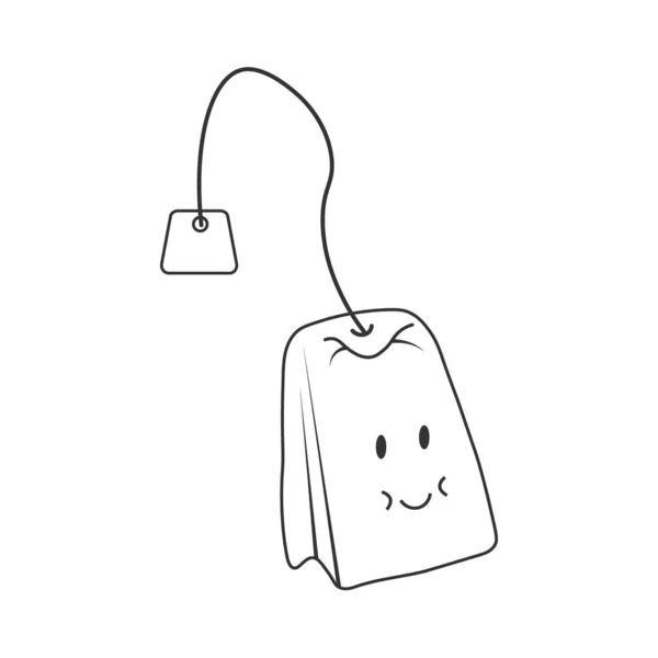 Cute Isolated Vector Line Illustration Smiling Tea Bag Character — Stockvektor