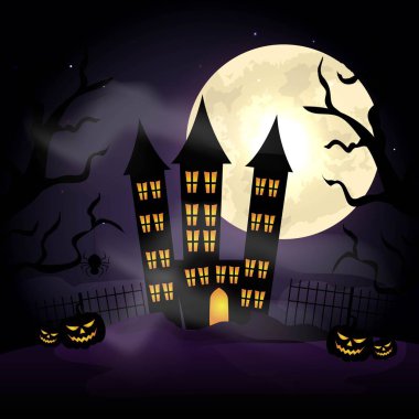 Cadılar Bayramı Balkabağı ve mavi ay zemin üzerine koyu Kalesi