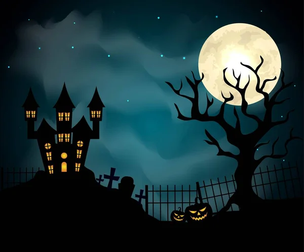 Dynie Halloween Dark Castle Tle Niebieski Księżyc — Wektor stockowy