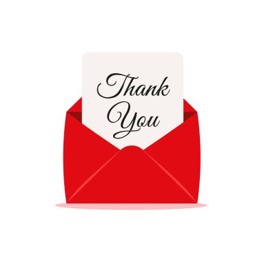 Üzerinde bir teşekkür mesajı olan kırmızı posta zarfı.