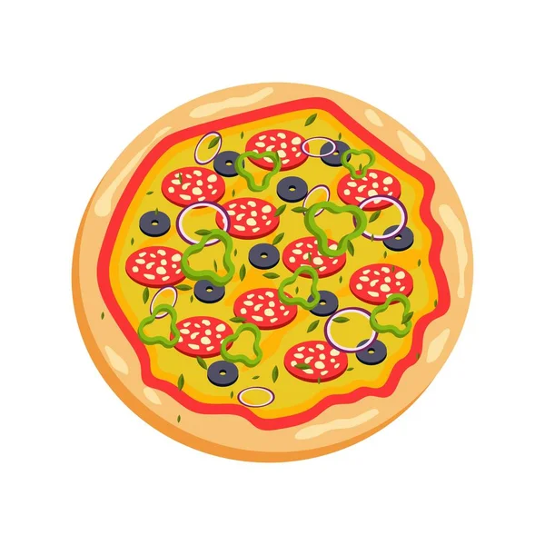 Leckere Pizza Mit Salami Und Käse Oliven Zwiebeln Paprika — Stockvektor
