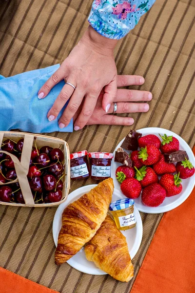 Paris 'te meyveler ve farklı Fransız yemekleri ile piknik.