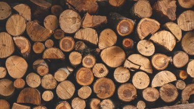 Yığınla odun var. Yakacak odun deseni. Ağaç koruma duvarı. Kış için şömine yakmak için odun stoğu. Doğal malzeme arkaplanı