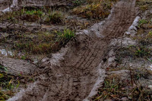 车胎印在泥泞的小径上 湿湿的泥泞道路上的轮胎痕迹 抽象的背景 纹理材料 轮胎轨道上的泥土或泥土 复古音 咕噜声 开车在沙滩上 离开道路轨道 — 图库照片