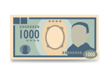 Japon Yen Vektör İllüstrasyonu. Japon parası tomarla para ayarladı. Kağıt para 1000 JPY. Düz stil. Beyaz arka planda izole edilmiş. Basit minimal tasarım.