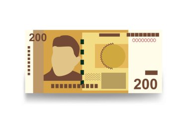 Kırgız som Vektör İllüstrasyonu. Kırgızistan parası tomarla para ayarladı. Kağıt para 200 som. Düz stil. Beyaz arka planda izole edilmiş. Basit minimal tasarım.