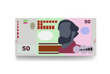 Peso Uruguayo Vektör İllüstrasyonu. Uruguay parası tomarla para ayarladı. Kağıt para 50 yuan. Düz stil. Beyaz arka planda izole edilmiş. Basit minimal tasarım.