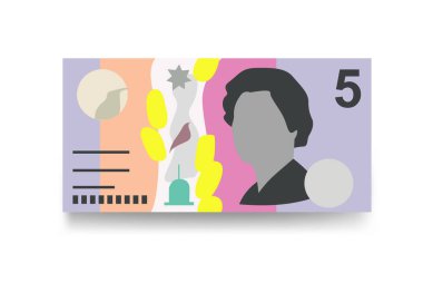 Avustralya Doları Vektör İllüstrasyonu. Avustralya parası demet banknotlar hazırladı. Kağıt para 5 AUD. Düz stil. Beyaz arka planda izole edilmiş. Basit minimal tasarım.