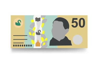 Avustralya Doları Vektör İllüstrasyonu. Avustralya parası demet banknotlar hazırladı. Kağıt para 50 AUD. Düz stil. Beyaz arka planda izole edilmiş. Basit minimal tasarım.