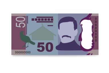 Yeni Zelanda Doları Vektör İllüstrasyonu. Yeni Zelanda parası tomarla banknot hazırladı. Kağıt para 50 NZD. Düz stil. Beyaz arka planda izole edilmiş. Basit minimal tasarım.