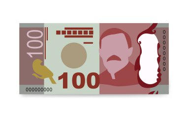 Yeni Zelanda Doları Vektör İllüstrasyonu. Yeni Zelanda parası tomarla banknot hazırladı. Kağıt para 100 NZD. Düz stil. Beyaz arka planda izole edilmiş. Basit minimal tasarım.