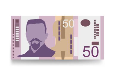 Sırp Dinar Vektör İllüstrasyonu. Sırbistan ve Kosova 'nın parası tomarla banknot hazırladı. Kağıt parası 50 RSD. Düz stil. Beyaz arka planda izole edilmiş. En düşük tasarım.