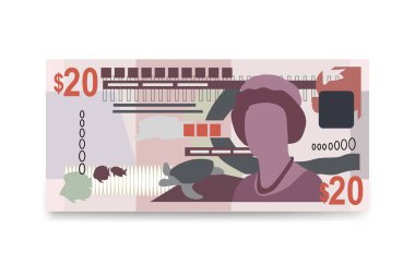 Doğu Karayip Doları İllüstrasyonu. Anguilla, Antigua ve Barbuda, Dominica, Grenada, Montserrat, Saint Money demet banknotları. Kağıt parası 20 XCD. Düz stil. Beyaz arkaplanda.