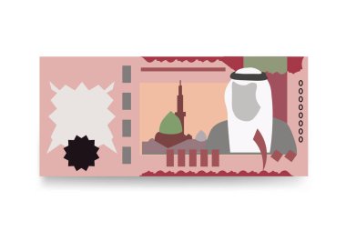 Suudi Riyal Vektör İllüstrasyonu. Suudi Arabistan 'ın parası tomarla para biriktirdi. Kağıt para 100 SAR. Düz stil. Beyaz arka planda izole edilmiş. Basit minimal tasarım.