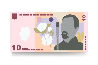 Romen Leu Vektör İllüstrasyonu. Romanya parası tomar tomar banknotlar hazırladı. Kağıt para 10 RON. Düz stil. Beyaz arka planda izole edilmiş. Basit minimal tasarım.