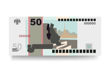 Rus Ruble Vektör İllüstrasyonu. Rusya 'nın parası tomar tomar banknotlar oluşturdu. Kağıt para 50 rub. Düz stil. Beyaz arka planda izole edilmiş. Basit minimal tasarım.