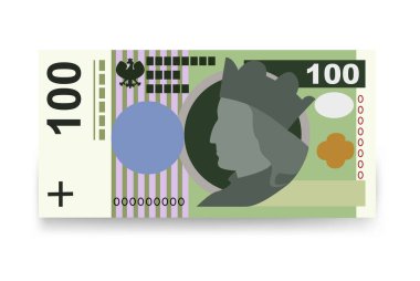 Polonya Zloty Vektör İllüstrasyonu. Polonya parası demet banknotlar hazırladı. Kağıt para 100 PLN. Düz stil. Beyaz arka planda izole edilmiş. Basit minimal tasarım.