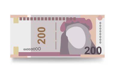Peru Yeni Sol Vektör İllüstrasyonu. Peru parası demet banknotlar hazırladı. Kağıt para 200 PEN. Düz stil. Beyaz arka planda izole edilmiş. Basit minimal tasarım.