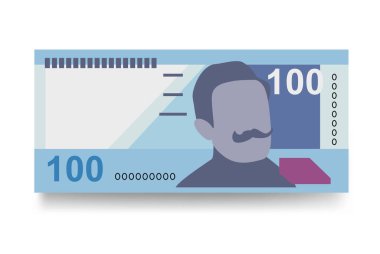Peru Yeni Sol Vektör İllüstrasyonu. Peru parası demet banknotlar hazırladı. Kağıt para 100 PEN. Düz stil. Beyaz arka planda izole edilmiş. Basit minimal tasarım.
