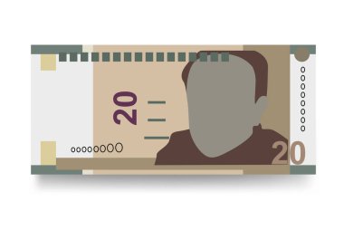 Peru Yeni Sol Vektör İllüstrasyonu. Peru parası demet banknotlar hazırladı. Kağıt para 20 PEN. Düz stil. Beyaz arka planda izole edilmiş. Basit minimal tasarım.