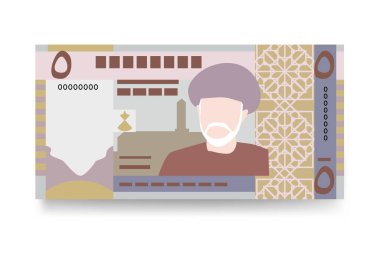 Rial Omani Vektör İllüstrasyonu. Umman parası tomarla para ayarladı. Kağıt para 5 OMR. Düz stil. Beyaz arka planda izole edilmiş. Basit minimal tasarım.