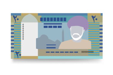 Rial Omani Vektör İllüstrasyonu. Umman parası tomarla para ayarladı. Kâğıt parası 20 OMR. Düz stil. Beyaz arka planda izole edilmiş. Basit minimal tasarım.