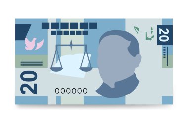 Meksika Peso Vektör İllüstrasyonu. Meksika parası demet banknotlar hazırladı. Kağıt para 20 MXN. Düz stil. Beyaz arka planda izole edilmiş. Basit minimal tasarım.