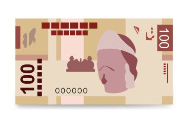 Meksika Peso Vektör İllüstrasyonu. Meksika parası demet banknotlar hazırladı. Kağıt para 100 MXN. Düz stil. Beyaz arka planda izole edilmiş. Basit minimal tasarım.