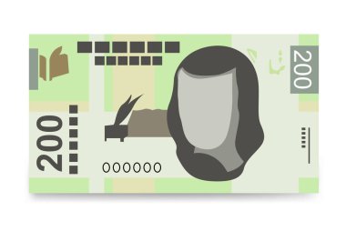 Meksika Peso Vektör İllüstrasyonu. Meksika parası demet banknotlar hazırladı. Kağıt para 200 MXN. Düz stil. Beyaz arka planda izole edilmiş. Basit minimal tasarım.