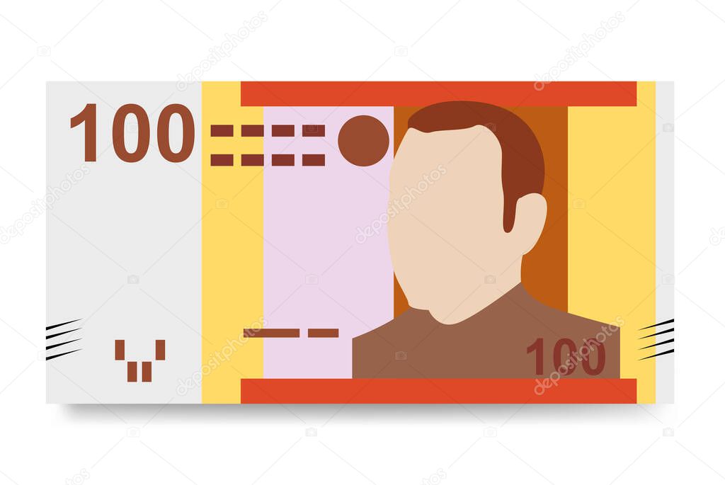 Moroccan Dirham Vector Illustration. Morocco, Ceuta, Melilla, Spain money set bundle banknotes. Paper money 100 MAD. Flat style. Isolated on white background.