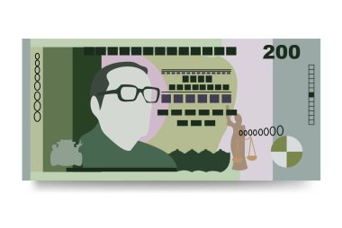Mauritius Rupi Vektör İllüstrasyonu. Mauritian parası tomarla para biriktirdi. Kağıt para 200 milyon. Düz stil. Beyaz arka planda izole edilmiş. Basit minimal tasarım.