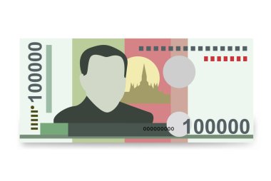 Lao Kip Vektör İllüstrasyonu. Laos parası demet banknotlar hazırladı. Kağıt para 100.000 LAK. Düz stil. Beyaz arka planda izole edilmiş. Basit minimal tasarım.