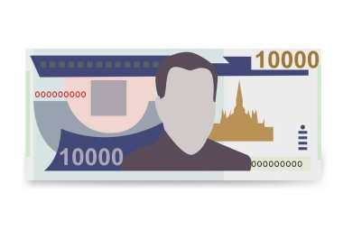 Lao Kip Vektör İllüstrasyonu. Laos parası demet banknotlar hazırladı. Kağıt para 10000 LAK. Düz stil. Beyaz arka planda izole edilmiş. Basit minimal tasarım.