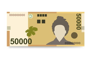 Güney Kore Won Vektör İllüstrasyonu. Güney Kore parası tomarla para biriktirdi. Kağıt para 50000 KRW. Düz stil. Beyaz arka planda izole edilmiş. Basit minimal tasarım.