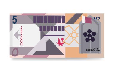 Katar Rial Vektör İllüstrasyonu. Katar parası tomarla para ayarladı. Kağıt para 5 QAR. Düz stil. Beyaz arka planda izole edilmiş. Basit minimal tasarım.