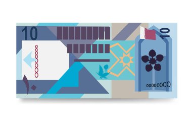 Katar Rial Vektör İllüstrasyonu. Katar parası tomarla para ayarladı. Kağıt para 10 QAR. Düz stil. Beyaz arka planda izole edilmiş. Basit minimal tasarım.