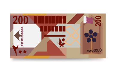 Katar Rial Vektör İllüstrasyonu. Katar parası tomarla para ayarladı. Kağıt para 200 QAR. Düz stil. Beyaz arka planda izole edilmiş. Basit minimal tasarım.