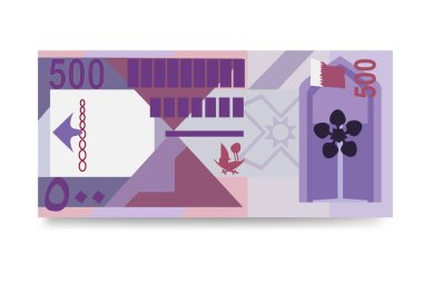 Katar Rial Vektör İllüstrasyonu. Katar parası tomarla para ayarladı. Kağıt para 500 QAR. Düz stil. Beyaz arka planda izole edilmiş. Basit minimal tasarım.