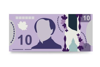 Kanada Doları Vektör İllüstrasyonu. Kanada parası demet banknotlar hazırladı. Polimerik para 10 CAD. Düz stil. Beyaz arka planda izole edilmiş. Basit minimal tasarım.