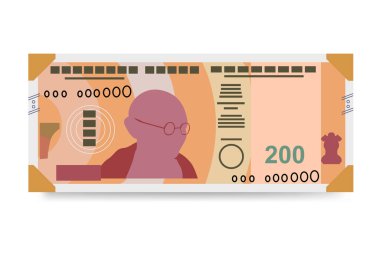 Hint Rupisi Vektör İllüstrasyonu. Hindistan, Butan parası tomarla para biriktirdi. Kâğıt parası 200 INR. Düz stil. Beyaz arka planda izole edilmiş. Basit minimal tasarım.