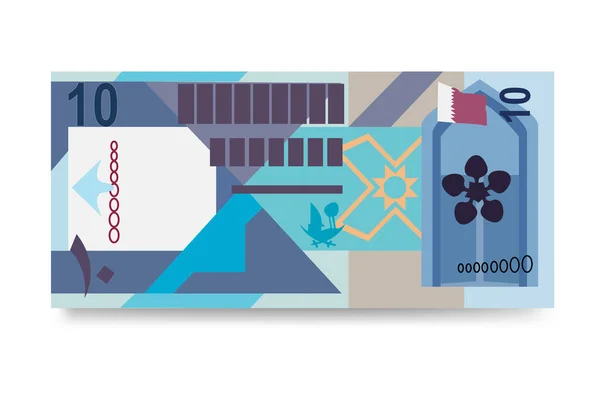 Qatari Rialベクトルイラスト カタールのお金は銀行券をセット 紙幣10 Qar フラットスタイル 白い背景に隔離されている シンプルなミニマルデザイン — ストックベクタ