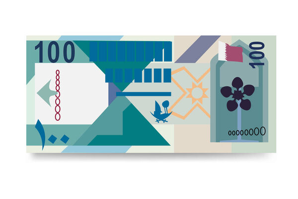 Qatari Rial Vector Illustration. Qatar money set bundle banknotes. Paper money 100 QAR. Flat style. Isolated on white background. Simple minimal design.