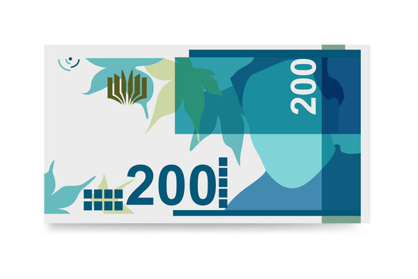 Новая израильская векторная иллюстрация Шекеля. Индонезия, Тимор-Лешти деньги установить связки банкнот. Бумажные деньги 200 лир. Плоский стиль. Изолированный на белом фоне. Простой минимальный дизайн.