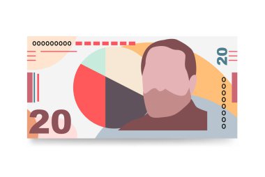 Gürcistan Lari Japon Yen Vektör İllüstrasyonu. Georgia parası demet banknotlar hazırladı. Kağıt para 20 GEL. Düz stil. Beyaz arka planda izole edilmiş. Basit minimal tasarım.