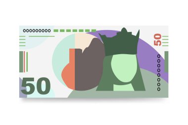 Gürcistan Lari Japon Yen Vektör İllüstrasyonu. Georgia parası demet banknotlar hazırladı. Kağıt para 50 GEL. Düz stil. Beyaz arka planda izole edilmiş. Basit minimal tasarım.