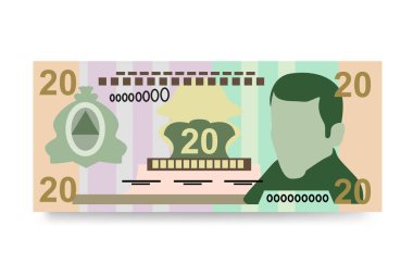 Honduras Lempira Vektör İllüstrasyonu. Honduras parası tomarla para ayarladı. Kâğıt parası 20 HNL. Düz stil. Beyaz arka planda izole edilmiş. Basit minimal tasarım
