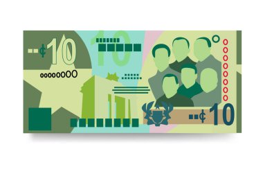 Gana Cedi Vektör İllüstrasyonu. Ghanaian parası tomarla para ayarladı. Kağıt para 10 GHS. Düz stil. Beyaz arka planda izole edilmiş. Basit minimal tasarım.