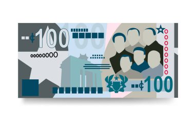Gana Cedi Vektör İllüstrasyonu. Ghanaian parası tomarla para ayarladı. Kağıt para 100 GHS. Düz stil. Beyaz arka planda izole edilmiş. Basit minimal tasarım.