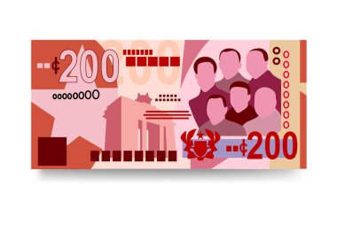 Gana Cedi Vektör İllüstrasyonu. Ghanaian parası tomarla para ayarladı. Kağıt para 200 GHS. Düz stil. Beyaz arka planda izole edilmiş. Basit minimal tasarım.
