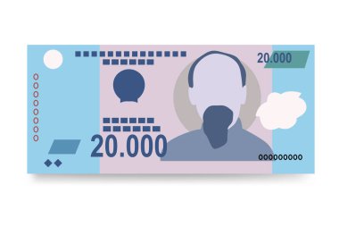 Vietnam Dong Vektör İllüstrasyonu. Vietnam parası tomarla para biriktirdi. Kağıt para 20.000 VND. Düz stil. Beyaz arka planda izole edilmiş. Basit minimal tasarım